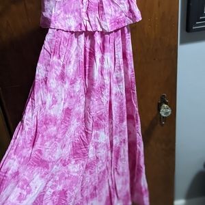strapless pink tie dyed maxi dress